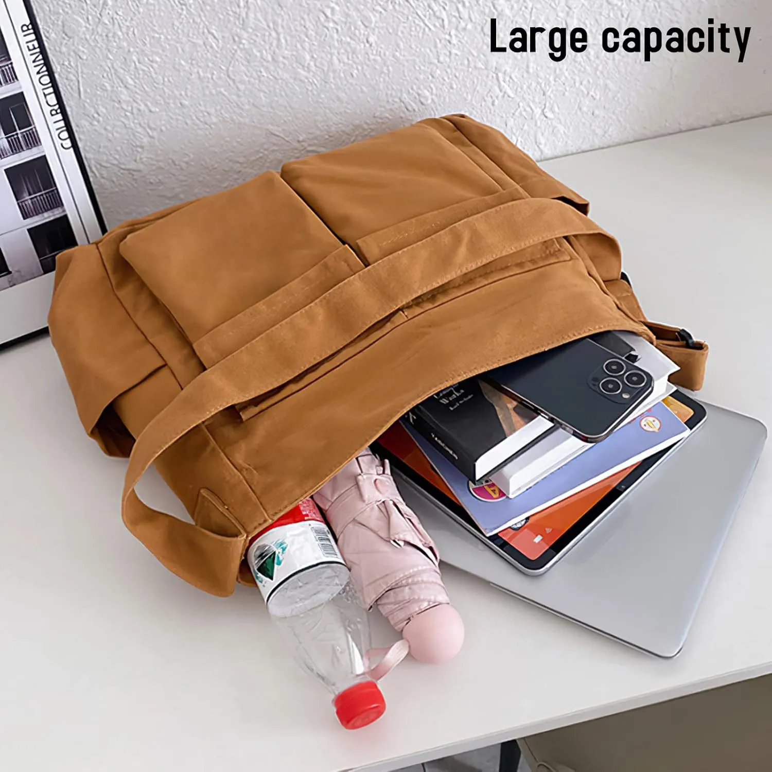 Canvas Messenger Bag Large Crossbody Bag Hobo Shoulder Handbags Multi Pocket Denim Tote Bag for Women and Men