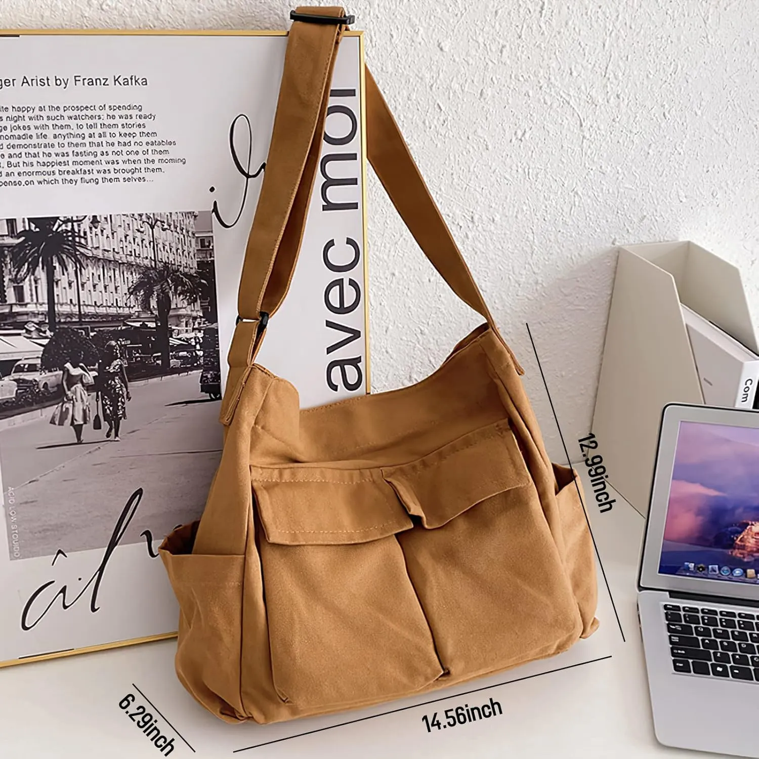 Canvas Messenger Bag Large Crossbody Bag Hobo Shoulder Handbags Multi Pocket Denim Tote Bag for Women and Men