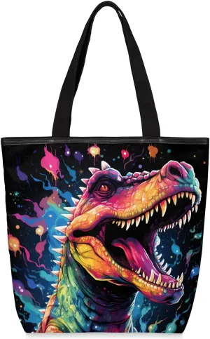 Canvas Tote Bag for Women Men Dark Galaxy Dinosaur Roar Canvas Handbag Shoulder Tote Bag with Zipper Closure Reusable Grocery Bag Shopping Cloth Bag with Handles for Beach Gym Picnic Work
