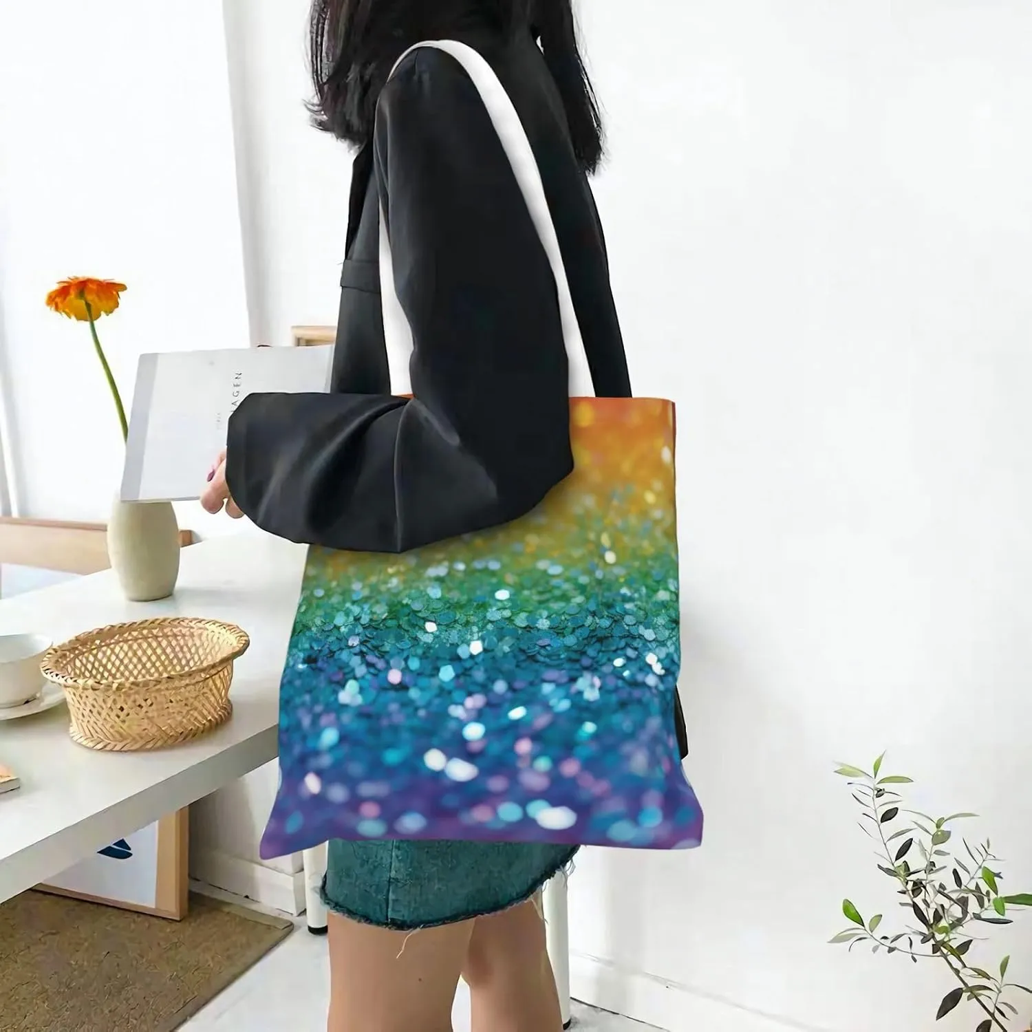 Canvas Tote Bag For Women Reusable Shopping Bag Casual Stars Crimson And Blue Shoulder Bag Handbag For Travel