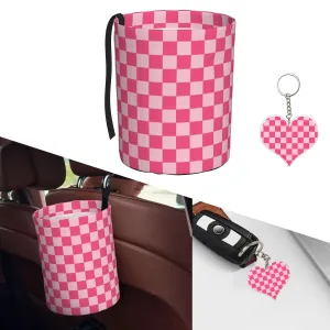 Car Trash Can Collapsible Garbage Can with 1PCS Checkered Keychain,Hanging Trash Bag Water Proof with Suitable for Storage for Car Interiors,Home (Pink Red, one Size)