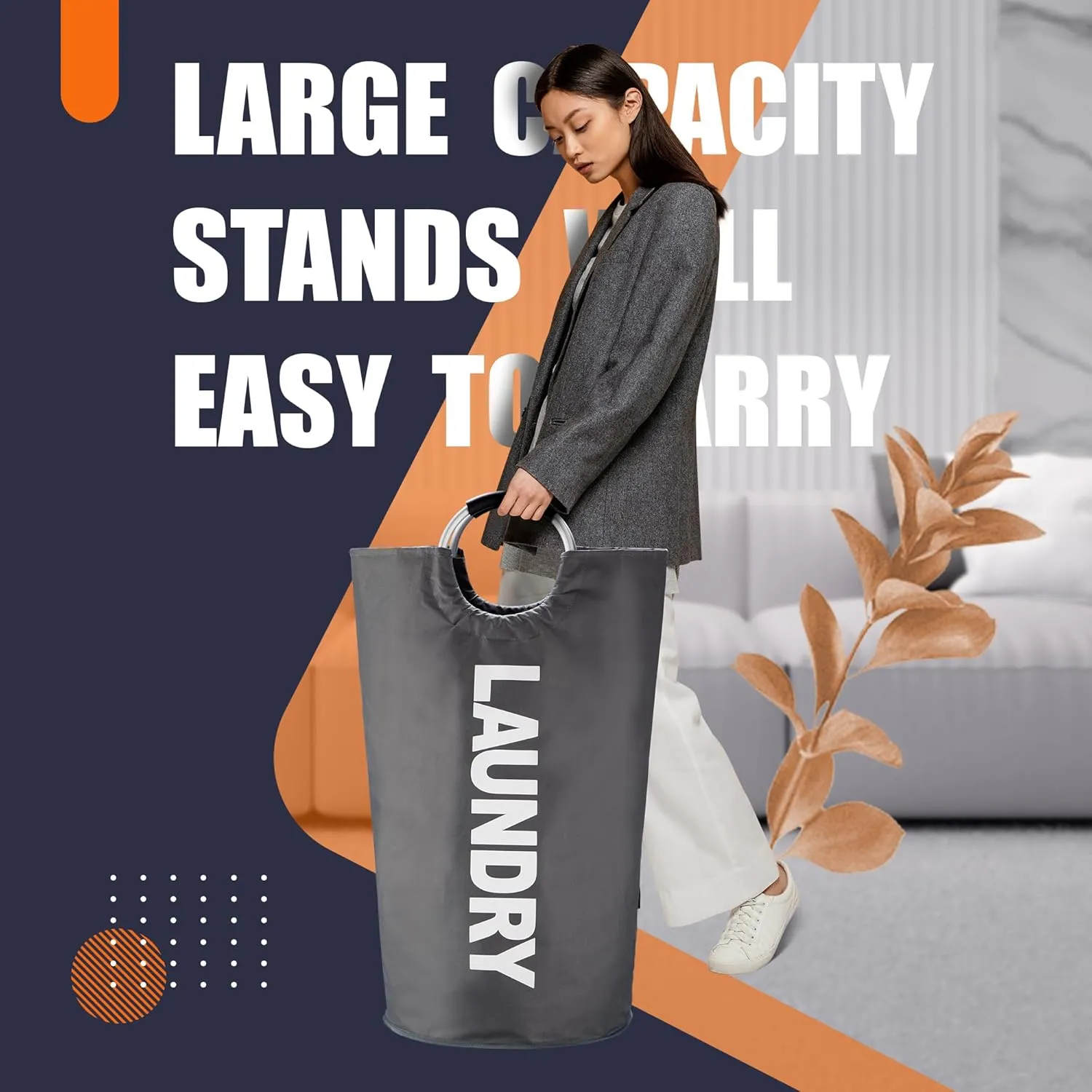 Caroeas 125L Laundry Basket,Large Laundry Hamper, Laundry Bag with Padded Handles, Clothes Hamper Stands Up Well, Collapsible Free Standing Easy Storage Washing Bin (Dark Grey,125L)