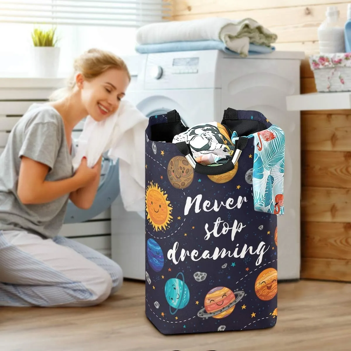 Cartoon Solar System Pattern Laundry Basket Clothes Hamper Collapsible Durable Dirty Clothes Large Storage Laundry Organizer