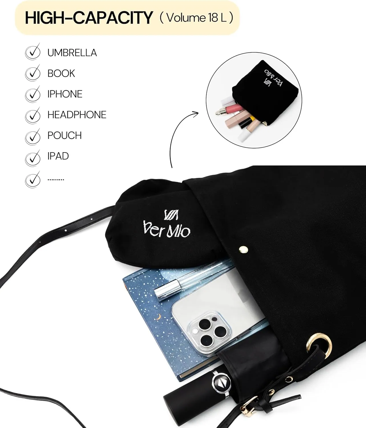 Casual Canvas Tote Bag for Women with Makeup Pouch – Everyday Lightweight Shoulder Handbag, Stylish and Reusable – VerMio