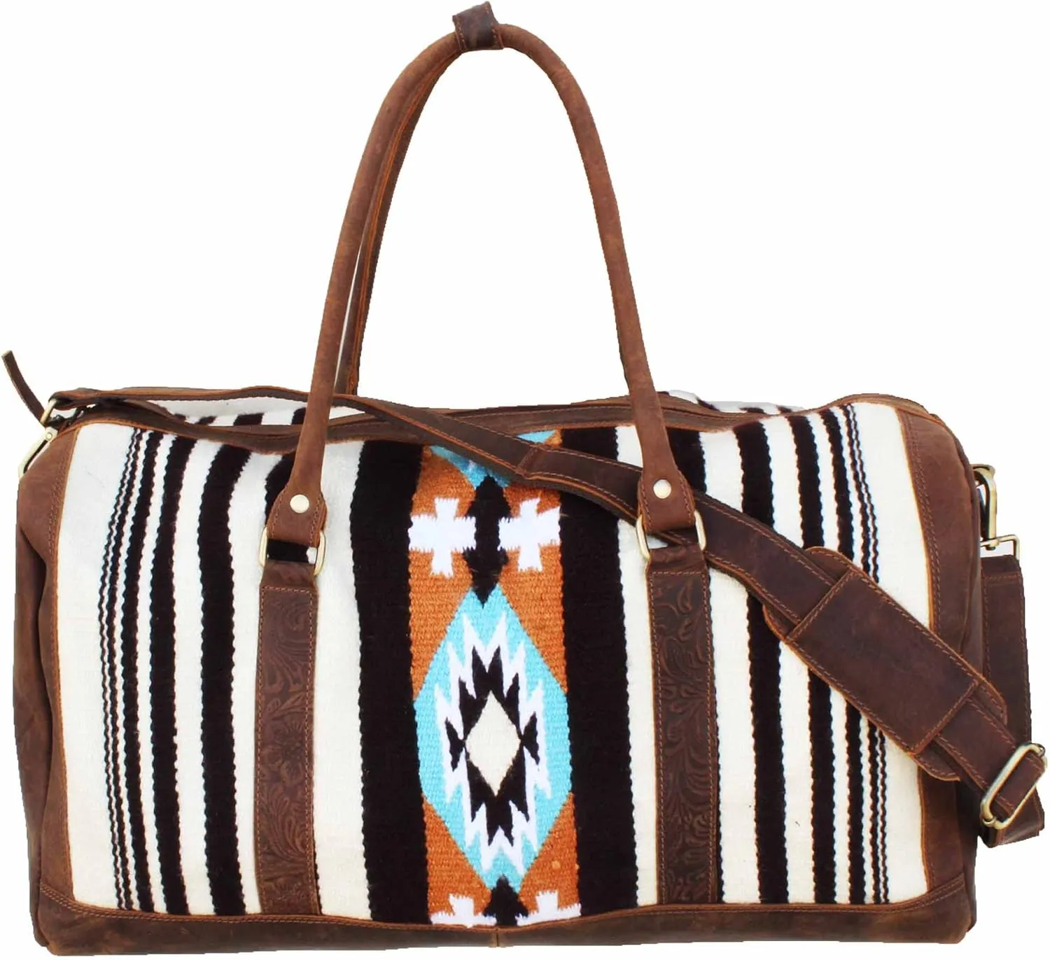 CHALLENGER Western Leather Cotton Woven Southwest Duffle Travel Weekender Carry-On Bag 103RTAztec
