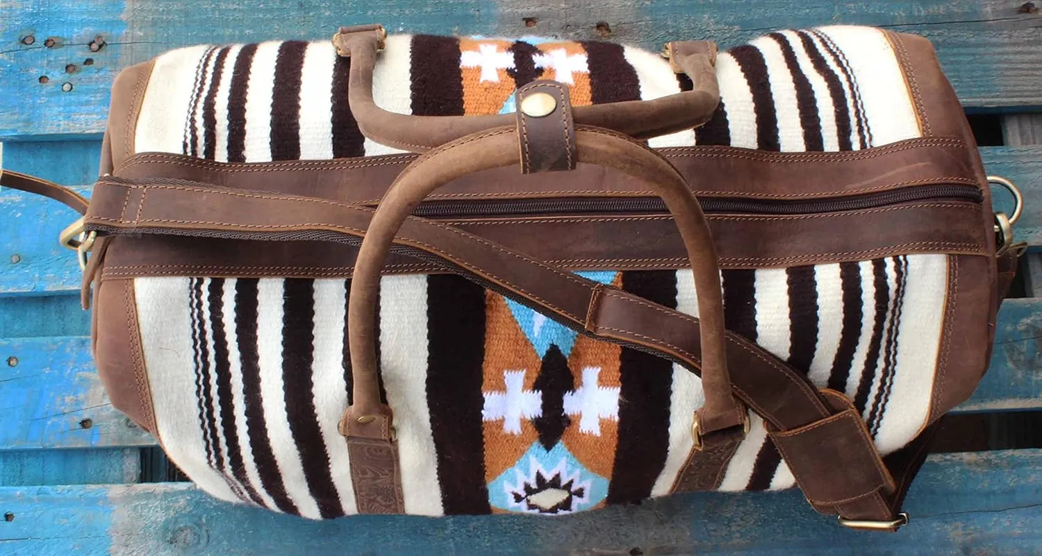 CHALLENGER Western Leather Cotton Woven Southwest Duffle Travel Weekender Carry-On Bag 103RTAztec