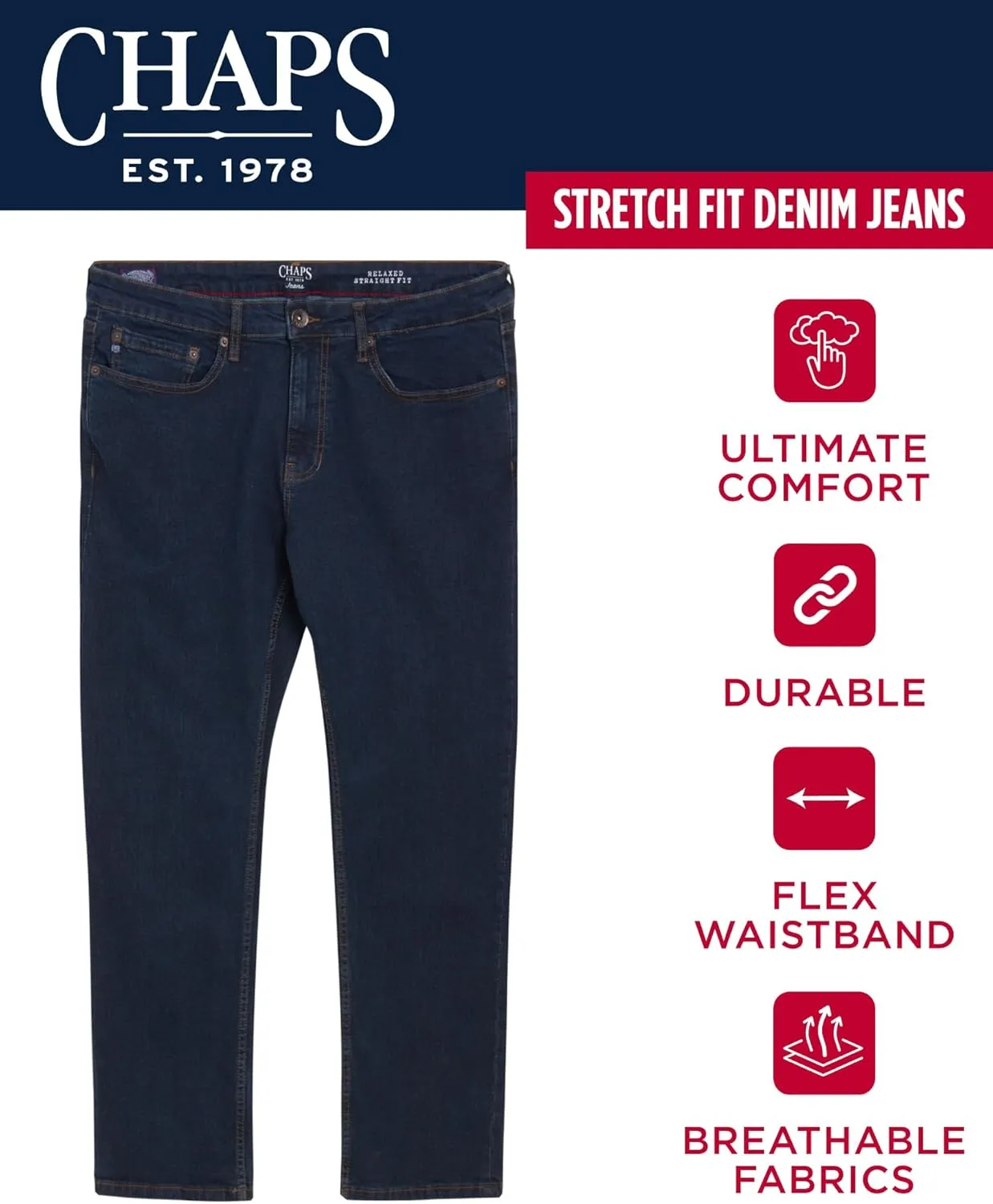 Chaps Men's Jeans - Straight Leg Comfort Stretch Denim Jeans - Regular Slim Fit Jeans for Men