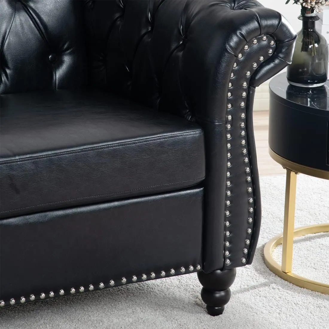 Chesterfield Luxury PU Leather 1 Seater Single Sofa Couch Accent Chair,Classic Tufted Button and Nailhead Rolled Arm for Office Living Room,Black