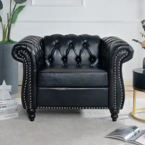 Chesterfield Luxury PU Leather 1 Seater Single Sofa Couch Accent Chair,Classic Tufted Button and Nailhead Rolled Arm for Office Living Room,Black