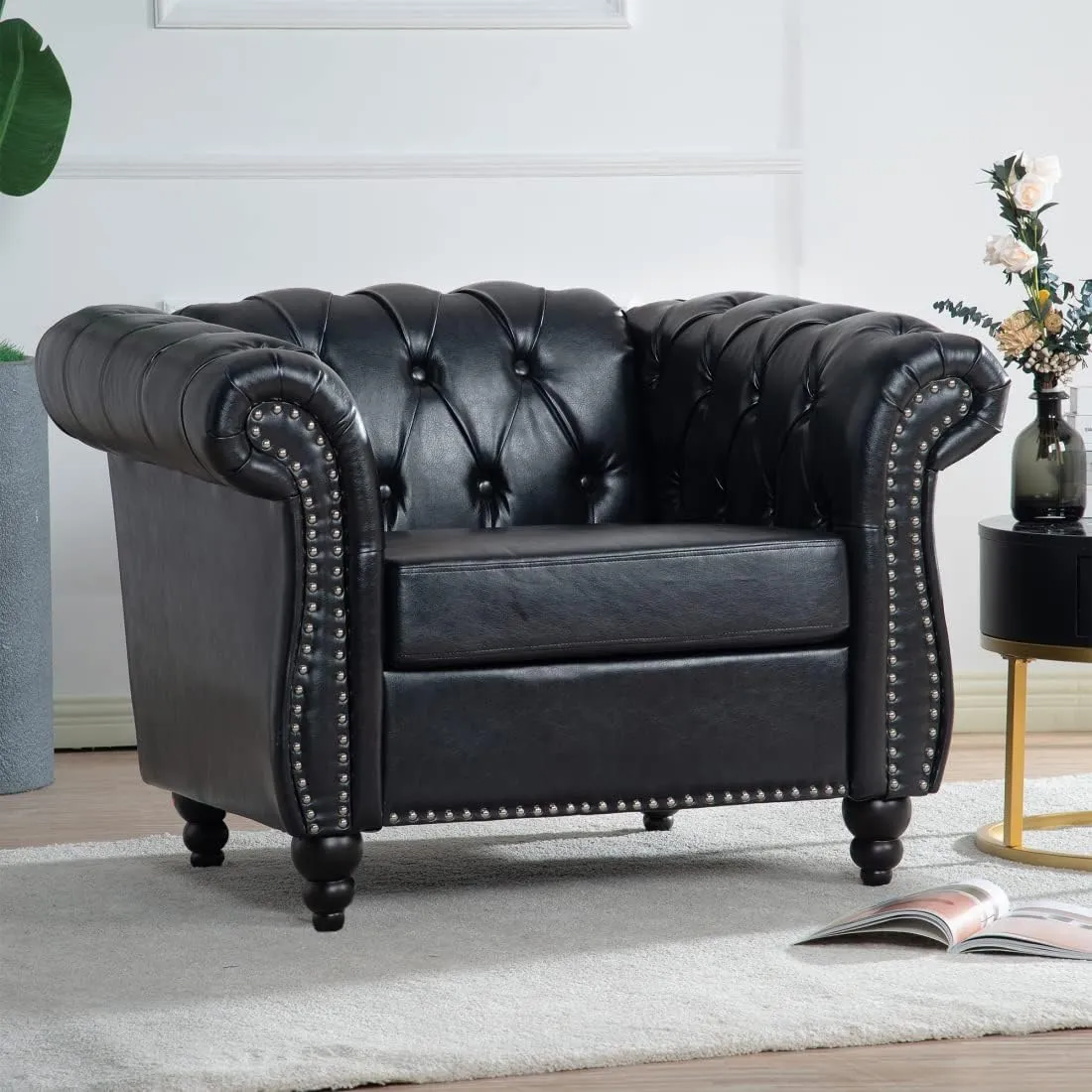 Chesterfield Luxury PU Leather 1 Seater Single Sofa Couch Accent Chair,Classic Tufted Button and Nailhead Rolled Arm for Office Living Room,Black