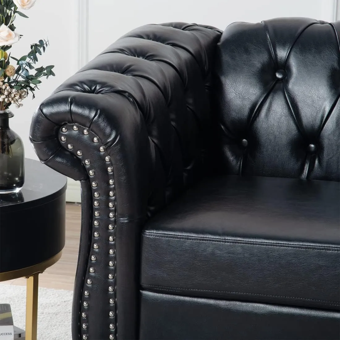 Chesterfield Luxury PU Leather 1 Seater Single Sofa Couch Accent Chair,Classic Tufted Button and Nailhead Rolled Arm for Office Living Room,Black