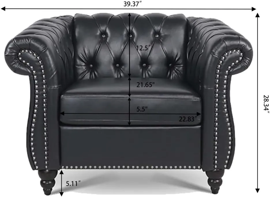 Chesterfield Luxury PU Leather 1 Seater Single Sofa Couch Accent Chair,Classic Tufted Button and Nailhead Rolled Arm for Office Living Room,Black