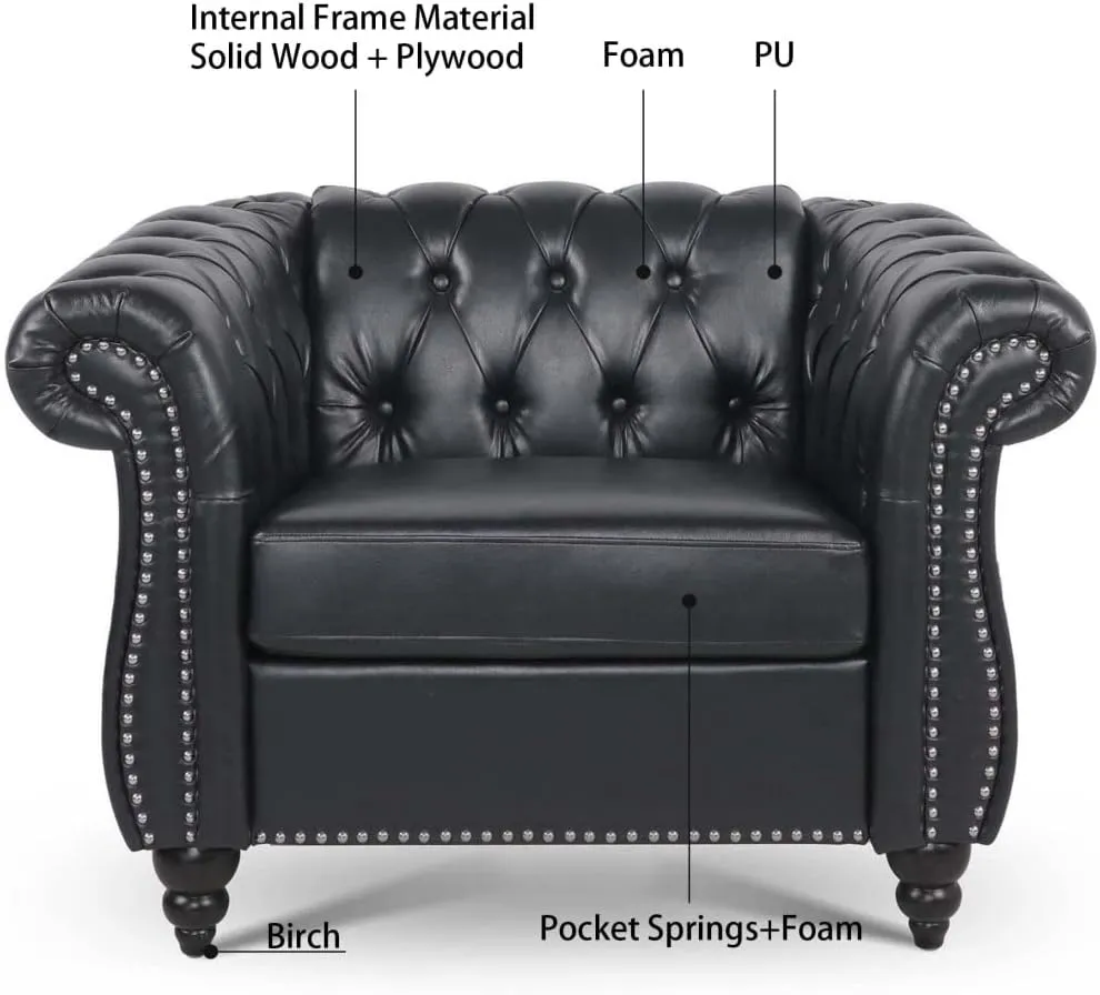 Chesterfield Luxury PU Leather 1 Seater Single Sofa Couch Accent Chair,Classic Tufted Button and Nailhead Rolled Arm for Office Living Room,Black