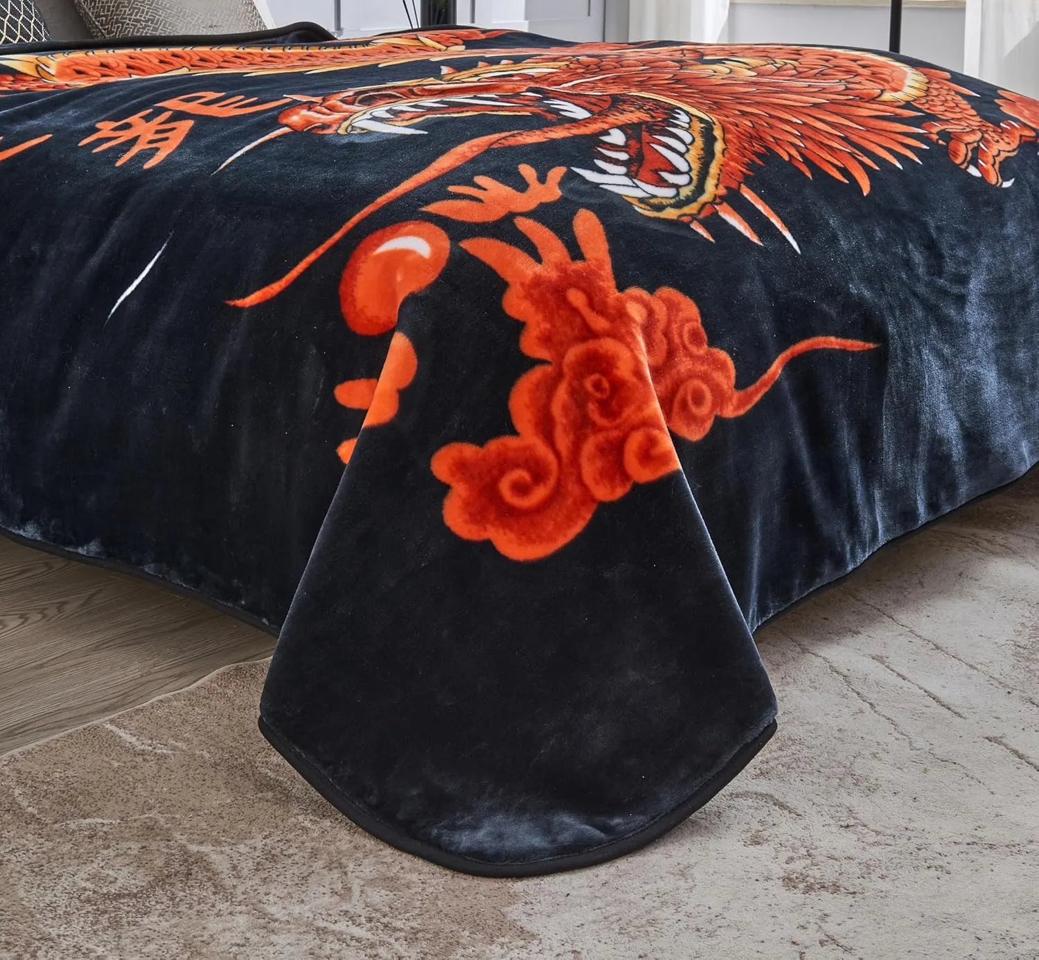 Chezmoi Collection Heavy Single Ply 9 Lbs Korean Style Faux Mink Blanket, Reversible 750GSM Thick Silky Soft Plush Raschel Mink Blanket, 85" x 95" King, Dragon