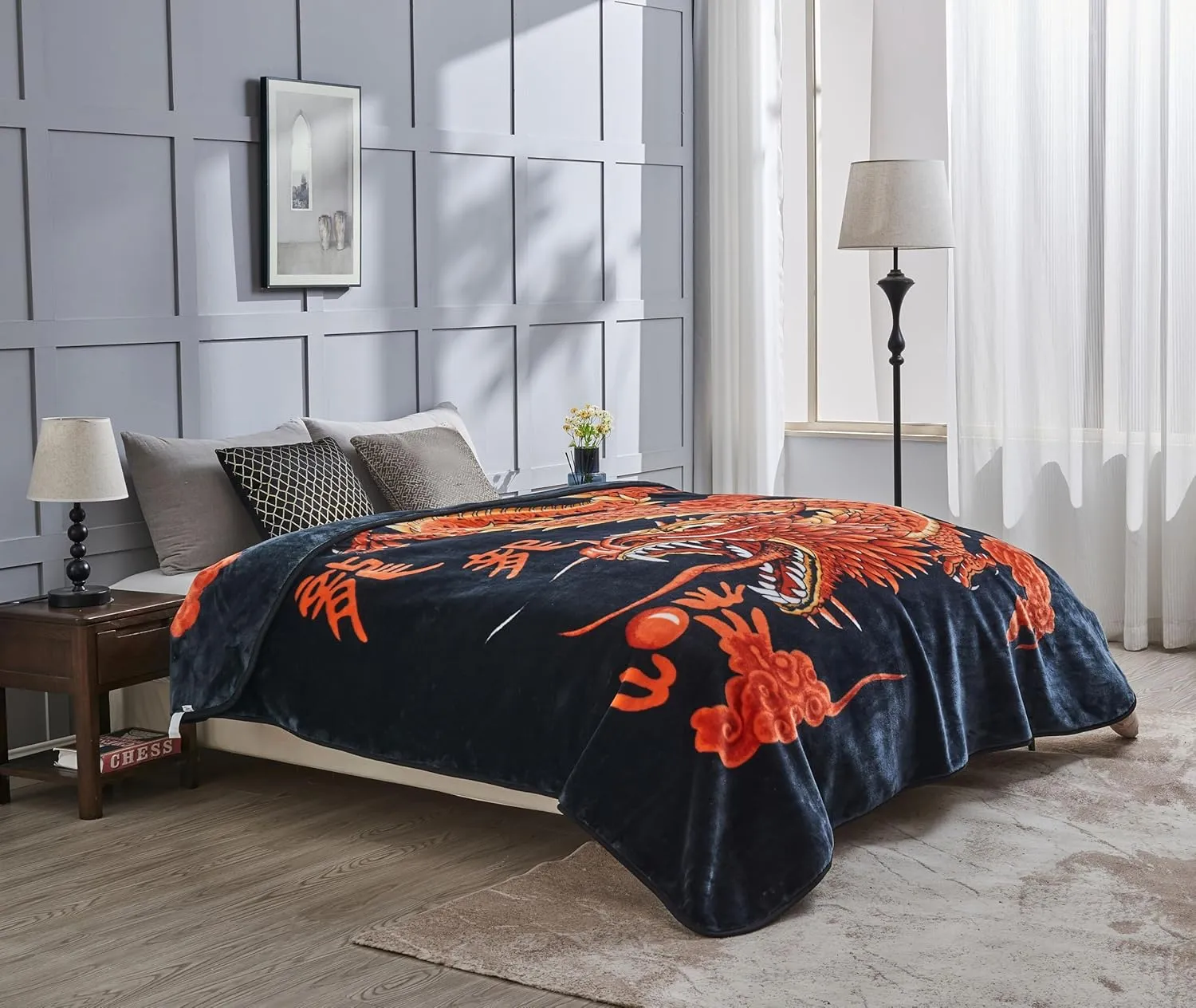 Chezmoi Collection Heavy Single Ply 9 Lbs Korean Style Faux Mink Blanket, Reversible 750GSM Thick Silky Soft Plush Raschel Mink Blanket, 85" x 95" King, Dragon