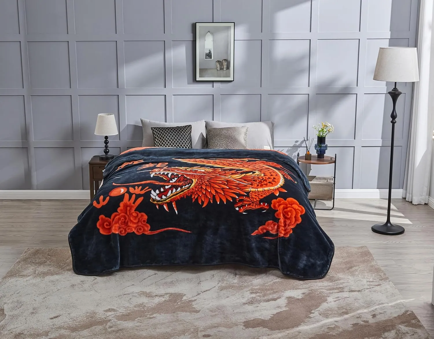 Chezmoi Collection Heavy Single Ply 9 Lbs Korean Style Faux Mink Blanket, Reversible 750GSM Thick Silky Soft Plush Raschel Mink Blanket, 85" x 95" King, Dragon