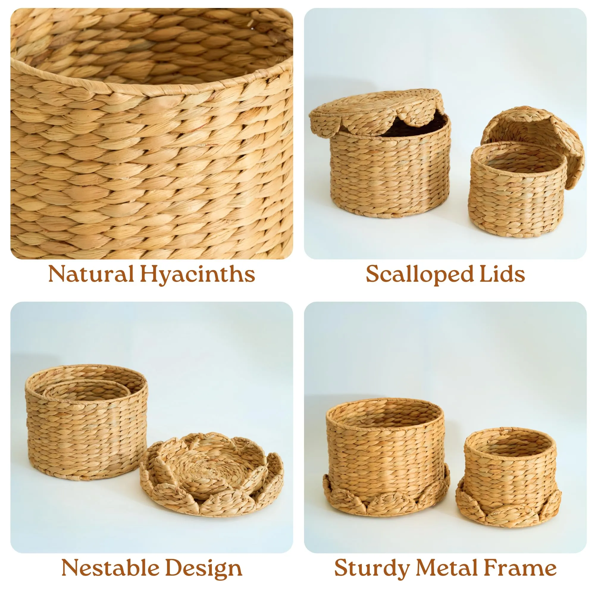 Chi An Home Scalloped Wicker Storage Baskets with Lid, Set of 2 Round Basket Decorative Boxes, Handwoven Hyacinth Baskets with Lids, Woven Storage Box for Home Organization