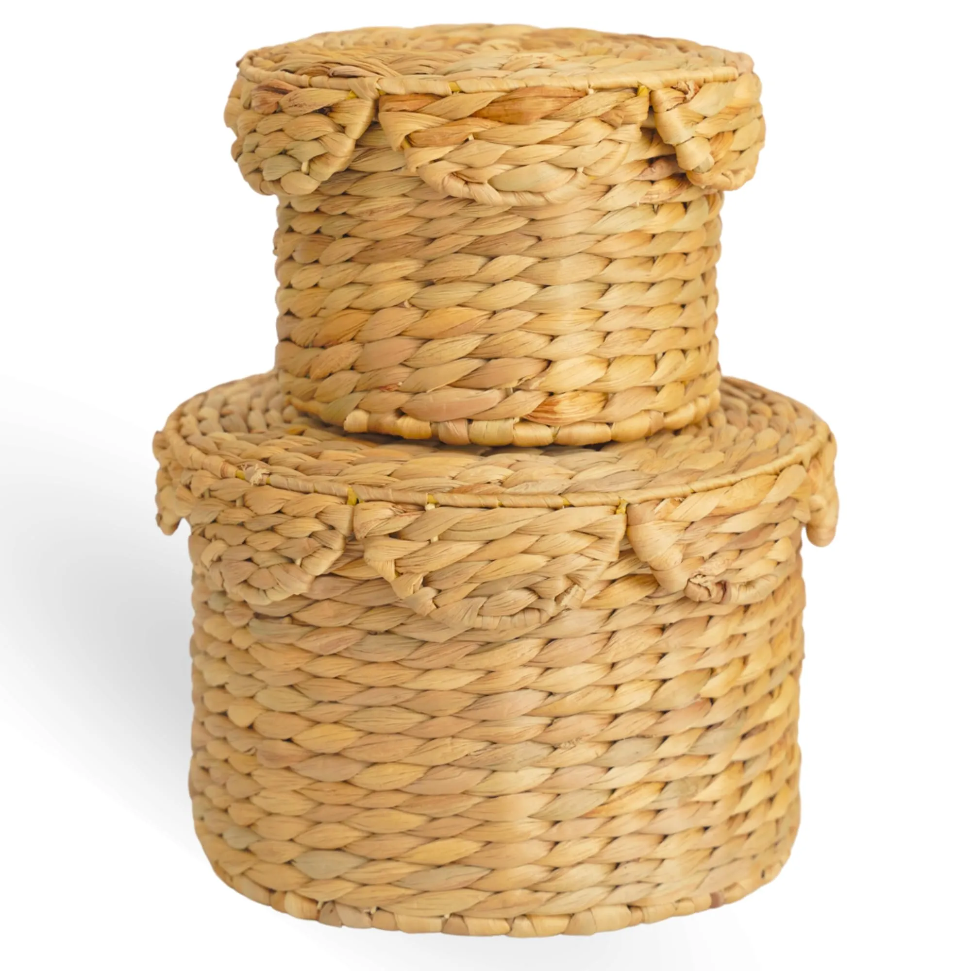 Chi An Home Scalloped Wicker Storage Baskets with Lid, Set of 2 Round Basket Decorative Boxes, Handwoven Hyacinth Baskets with Lids, Woven Storage Box for Home Organization