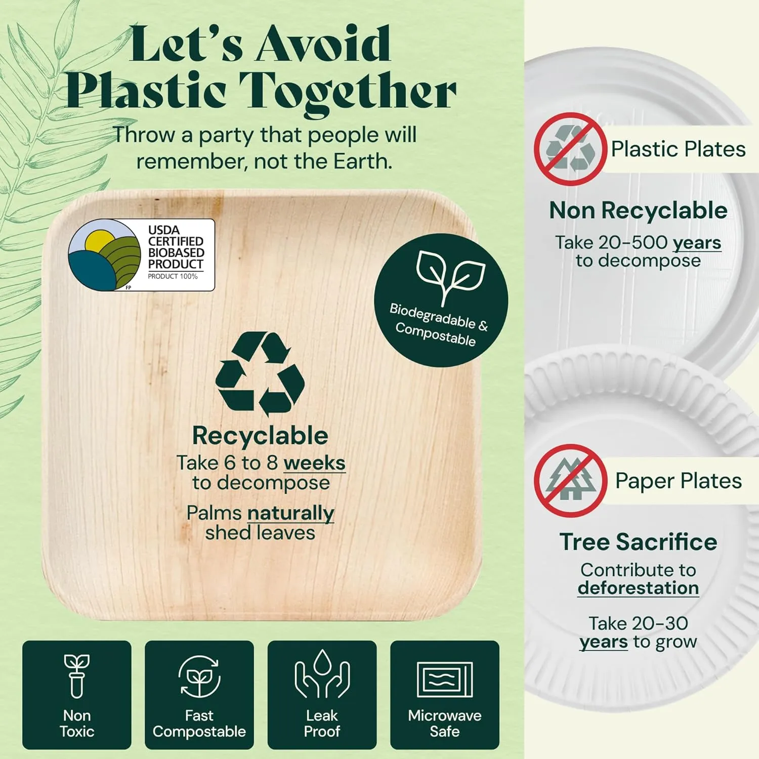Chic Leaf Palm Leaf Disposable Bamboo Plates - Square Party Plates for Weddings, Parties, Event Appetizers - Biodegradable & Compostable - Party Supplies (10", 50 Pack)