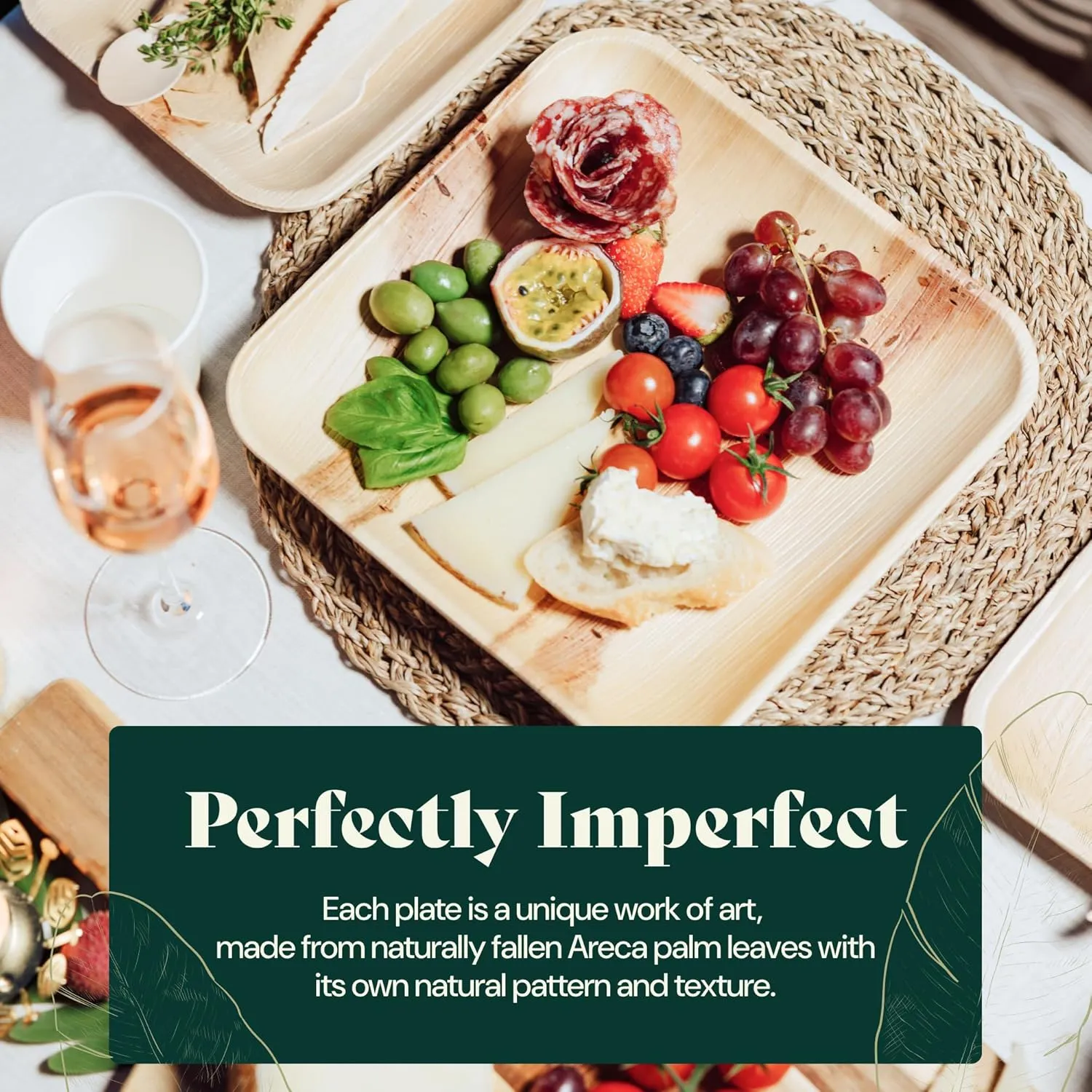 Chic Leaf Palm Leaf Disposable Bamboo Plates - Square Party Plates for Weddings, Parties, Event Appetizers - Biodegradable & Compostable - Party Supplies (10", 50 Pack)