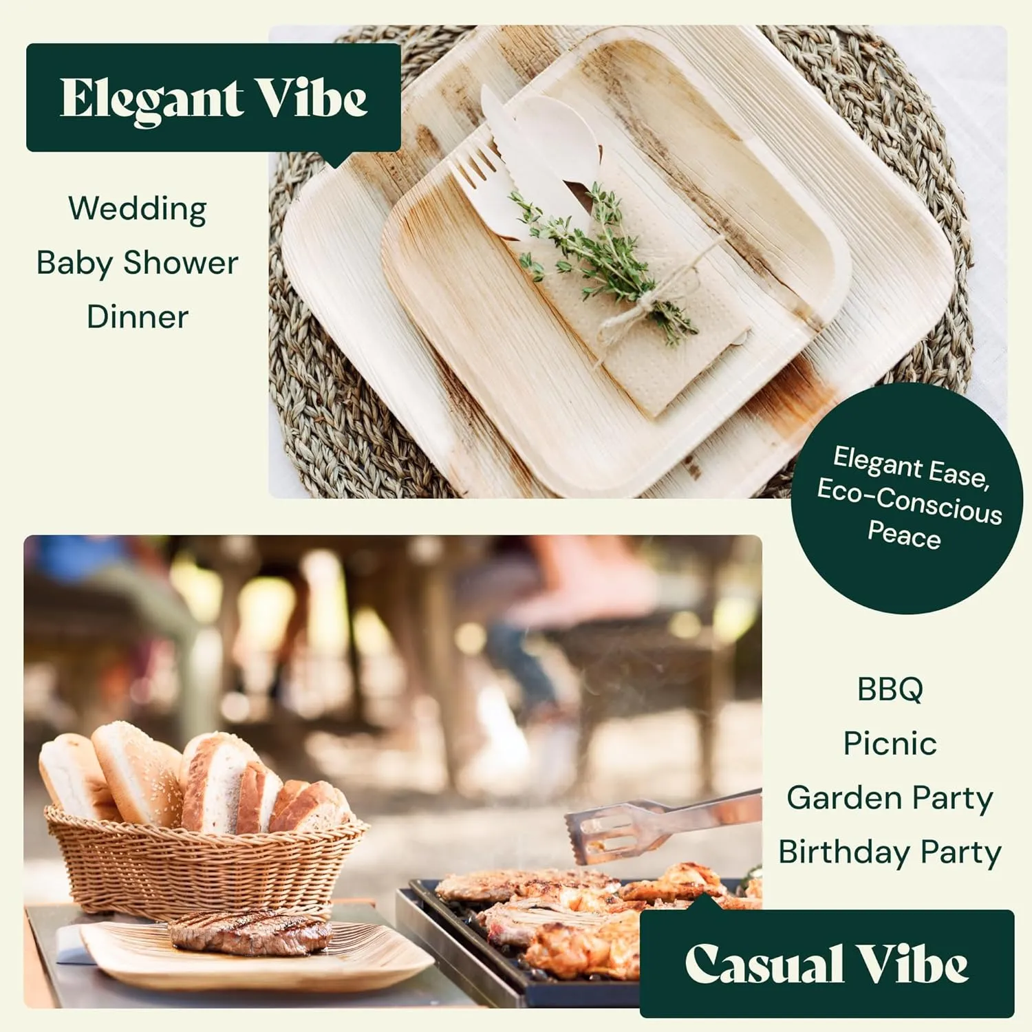 Chic Leaf Palm Leaf Disposable Bamboo Plates - Square Party Plates for Weddings, Parties, Event Appetizers - Biodegradable & Compostable - Party Supplies (10", 50 Pack)