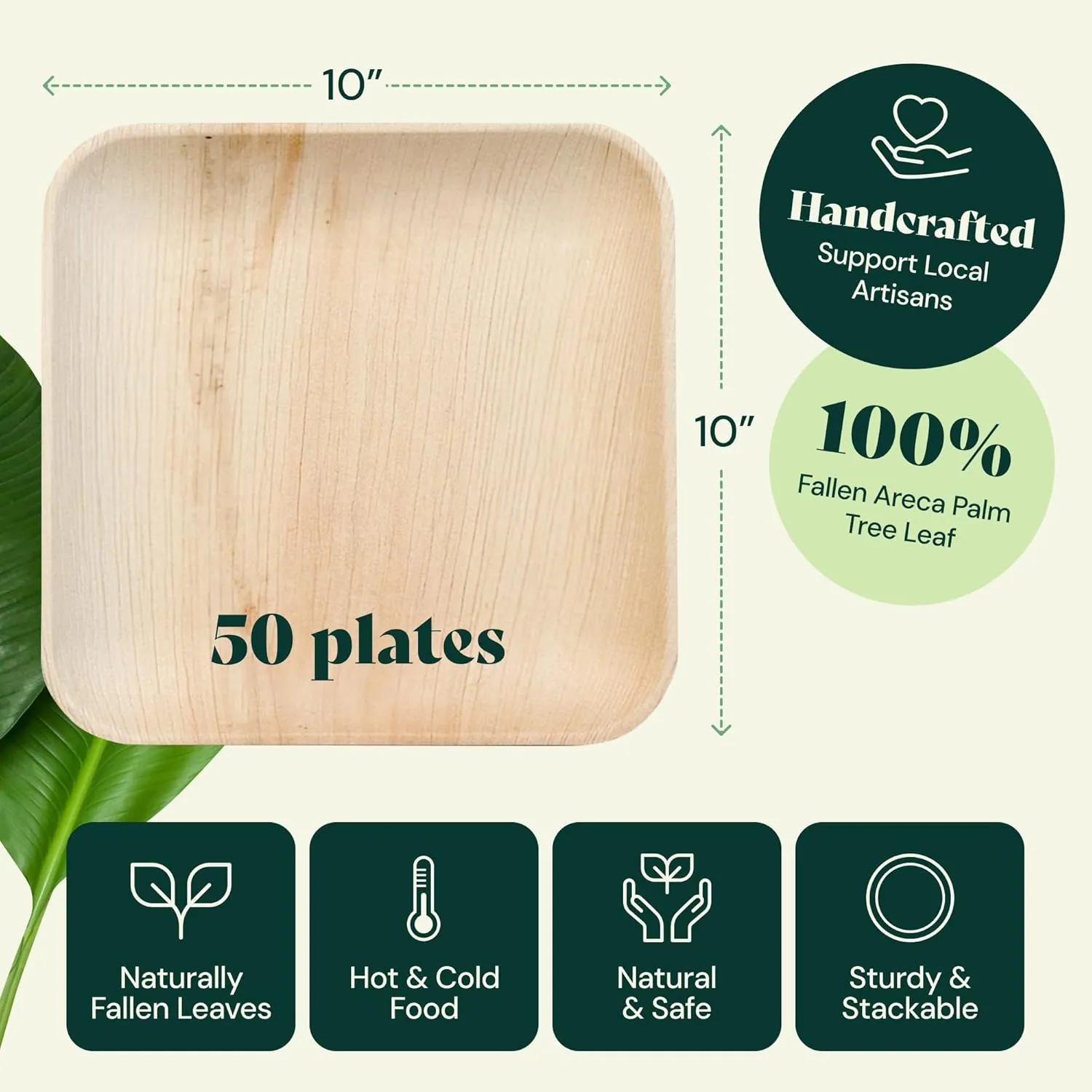 Chic Leaf Palm Leaf Disposable Bamboo Plates - Square Party Plates for Weddings, Parties, Event Appetizers - Biodegradable & Compostable - Party Supplies (10", 50 Pack)