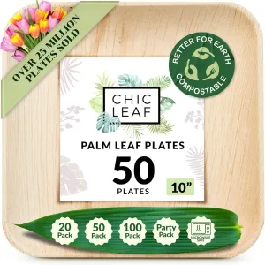 Chic Leaf Palm Leaf Disposable Bamboo Plates - Square Party Plates for Weddings, Parties, Event Appetizers - Biodegradable & Compostable - Party Supplies (10", 50 Pack)