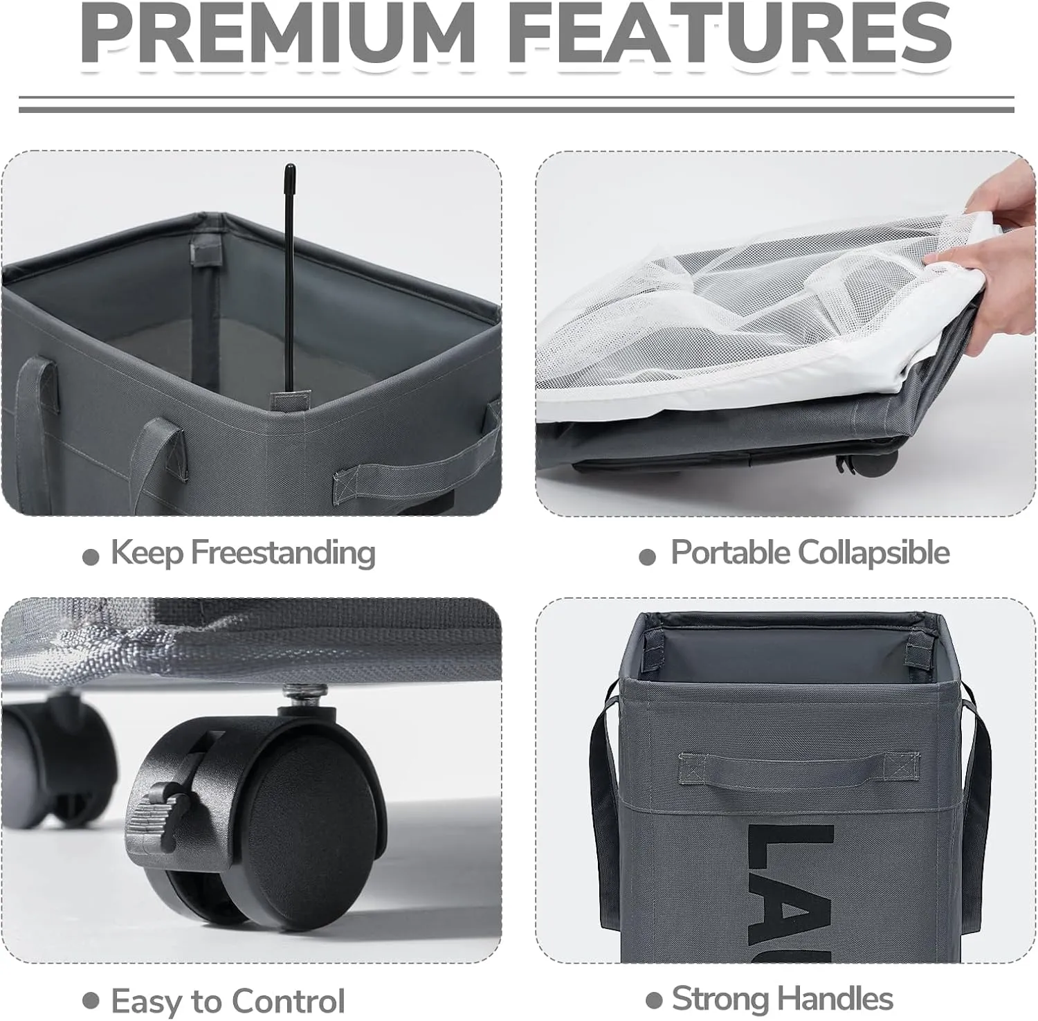 CHICVITA Rolling Laundry Basket with Wheels,75L Large Collapsible Laundry Hamper with Removable Wash Bag Space for Corner Dorms, Grey