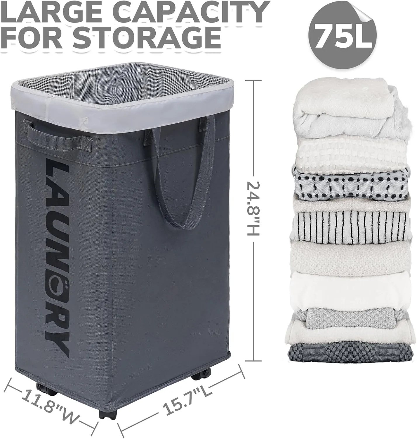 CHICVITA Rolling Laundry Basket with Wheels,75L Large Collapsible Laundry Hamper with Removable Wash Bag Space for Corner Dorms, Grey