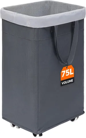 CHICVITA Rolling Laundry Basket with Wheels,75L Large Collapsible Laundry Hamper with Removable Wash Bag Space for Corner Dorms, Grey