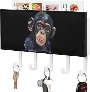 Chimpanzee Monkey Novelty Key Holder Printed Keys Hook Mail Organizer Hanging Rack Decor with 5 Hooks for Wall