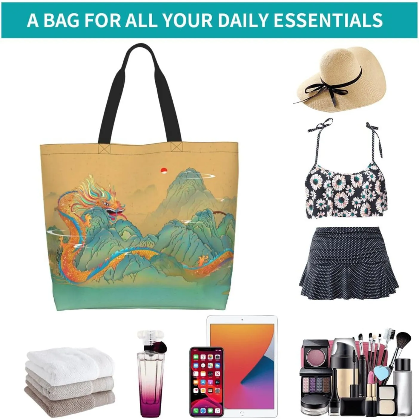 Chinese Dragon Cool Tote Bag Beach Bag Large Capacity Grocery Bag Reusable Shopping bags for Women