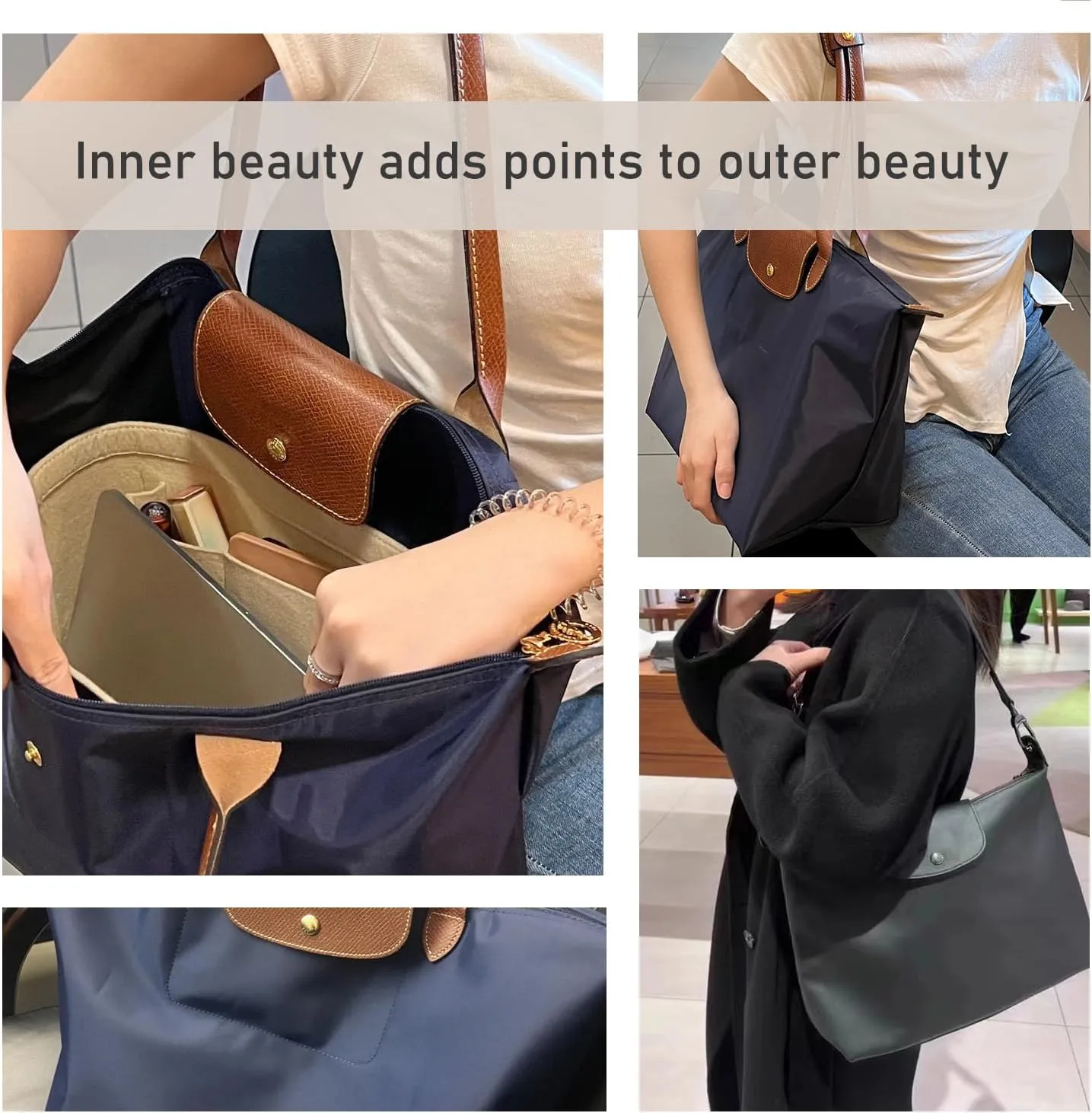 Chispee Purse Organizer Insert for Longchamp Handbags – Premium Handbag Organizer with Multiple Pockets, Lightweight & Durable Bag Organizer for Tote, Travel, and Everyday Use (M Size, Light Grey)