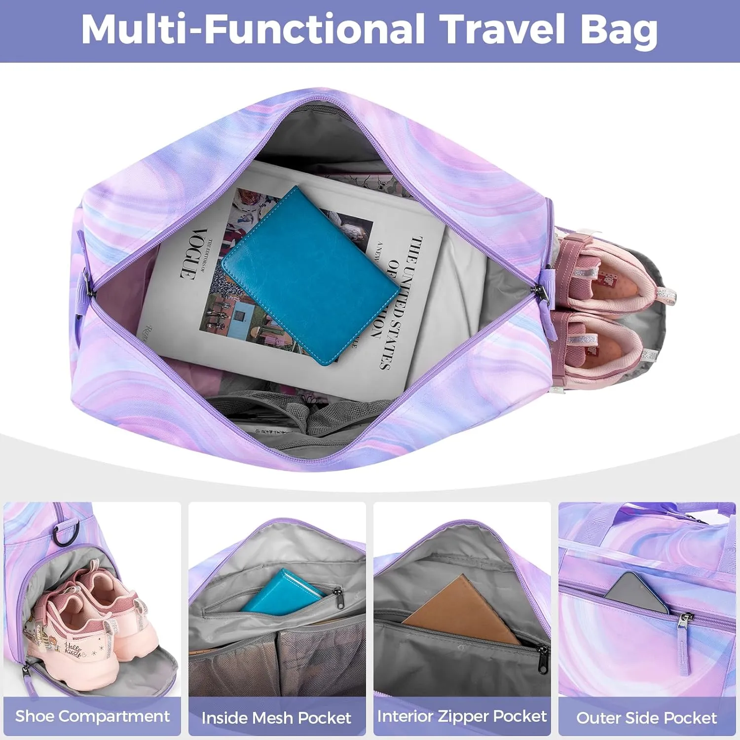 Choco Mocha Girls Duffle Bag for Travel Sports Duffle Bag with Shoe Compartment Gym Duffle Tote Bag Dance Duffle Bags for Teen Girls Fluid Purple