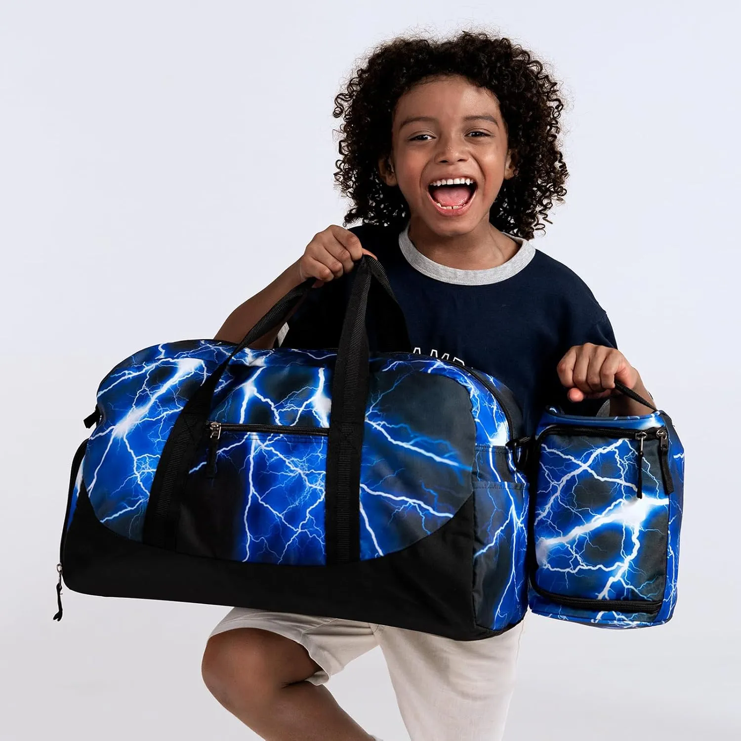 Choco Mocha Kids Duffle Bag Boys Lightning Duffle Bag for Kids Travel Bag Boys Overnight Bag for Kids Duffel Bags Toddler Weekender Bag Childrens Kids Gym Sports Sleepover Bag 6-8 Gift Blue