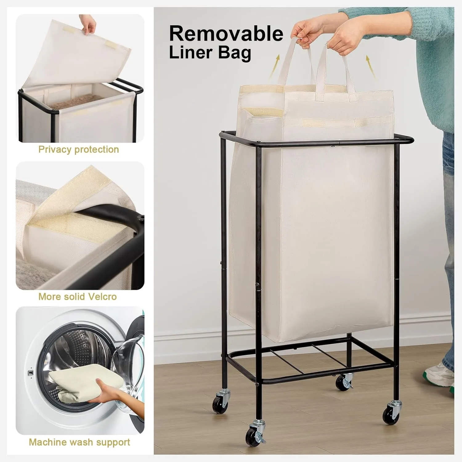 Chrislley 100L Laundry Hamper with Wheels,Rolling Laundry Basket with Lid,Steel Frame Laundry Cart with Handle and Removable Bag,Large Dirty Clothes Hamper for Laundry Room,Dorm,Beige