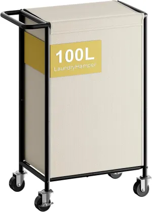 Chrislley 100L Laundry Hamper with Wheels,Rolling Laundry Basket with Lid,Steel Frame Laundry Cart with Handle and Removable Bag,Large Dirty Clothes Hamper for Laundry Room,Dorm,Beige