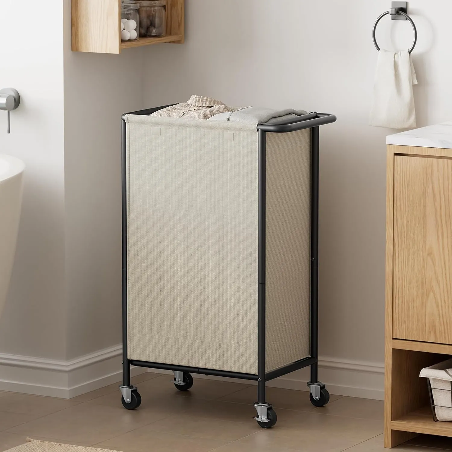 Chrislley 100L Laundry Hamper with Wheels,Rolling Laundry Basket with Lid,Steel Frame Laundry Cart with Handle and Removable Bag,Large Dirty Clothes Hamper for Laundry Room,Dorm,Beige