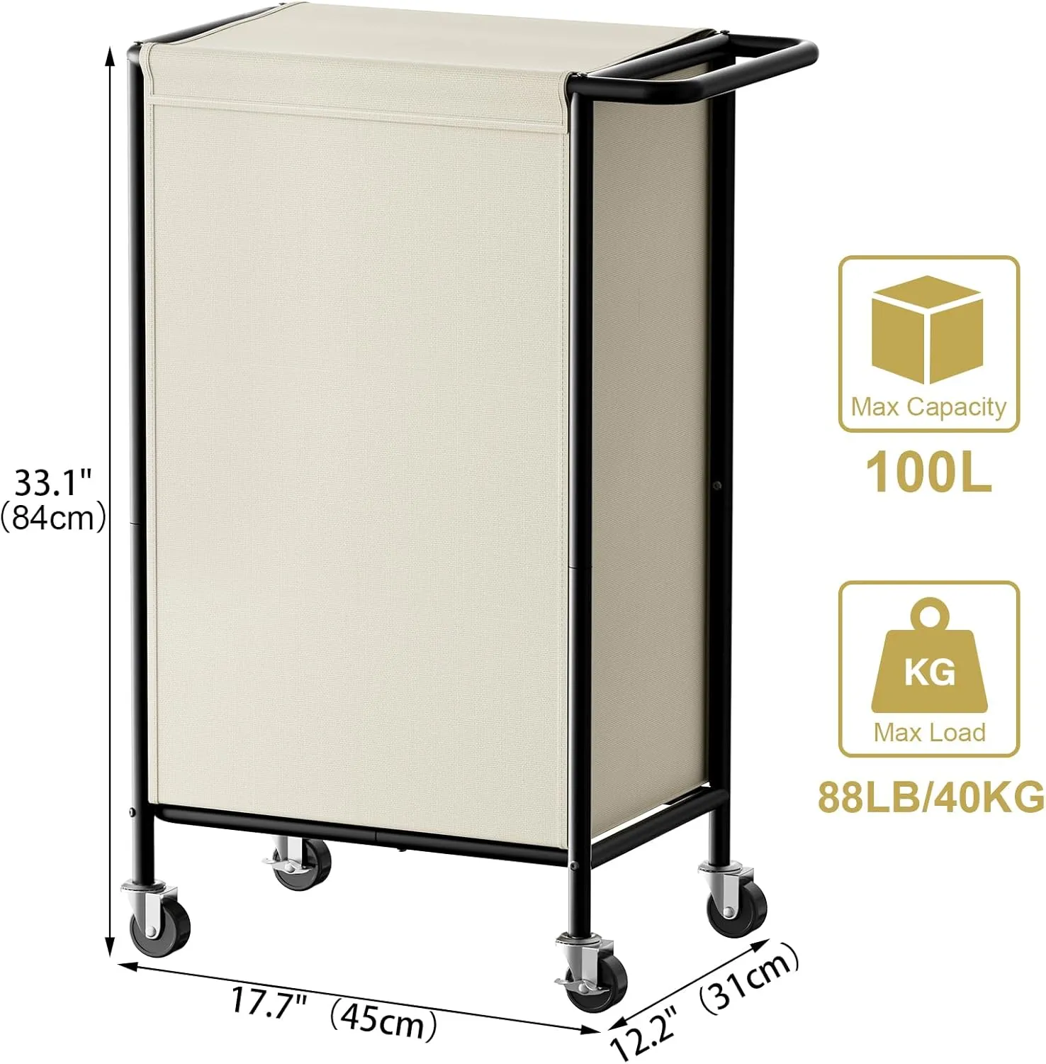 Chrislley 100L Laundry Hamper with Wheels,Rolling Laundry Basket with Lid,Steel Frame Laundry Cart with Handle and Removable Bag,Large Dirty Clothes Hamper for Laundry Room,Dorm,Beige