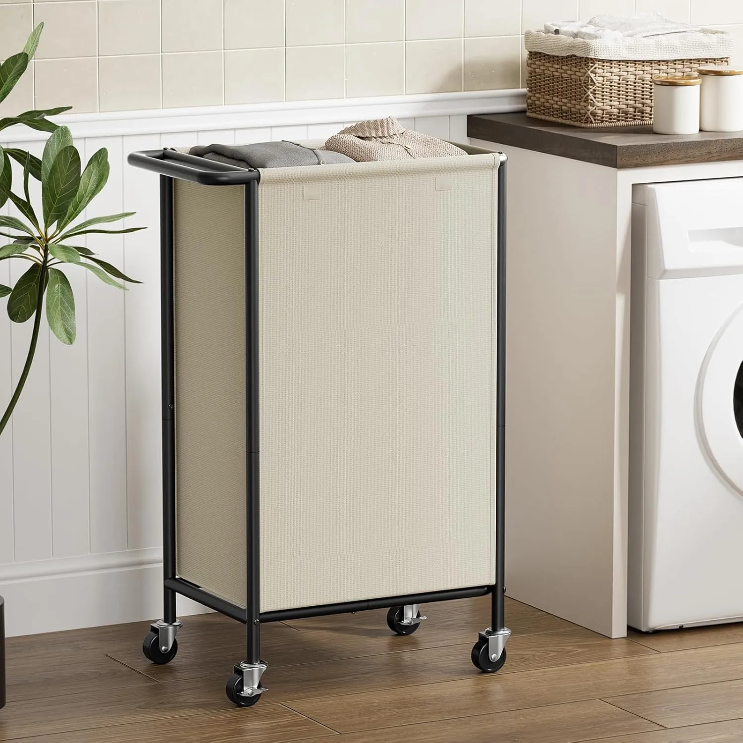 Chrislley 100L Laundry Hamper with Wheels,Rolling Laundry Basket with Lid,Steel Frame Laundry Cart with Handle and Removable Bag,Large Dirty Clothes Hamper for Laundry Room,Dorm,Beige
