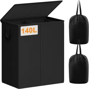 Chrislley 140L Laundry Hamper 2 Section, Double Laundry Basket with Lid, Large Dirty Clothes Hamper with Removable Liner Bags, Collapsible Laundry Organizer for Bedroom, Dorm,Black