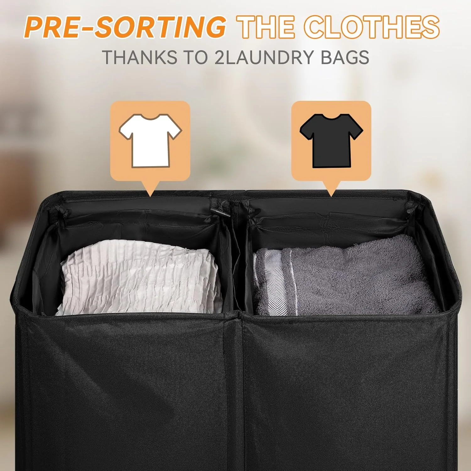 Chrislley 140L Laundry Hamper 2 Section, Double Laundry Basket with Lid, Large Dirty Clothes Hamper with Removable Liner Bags, Collapsible Laundry Organizer for Bedroom, Dorm,Black