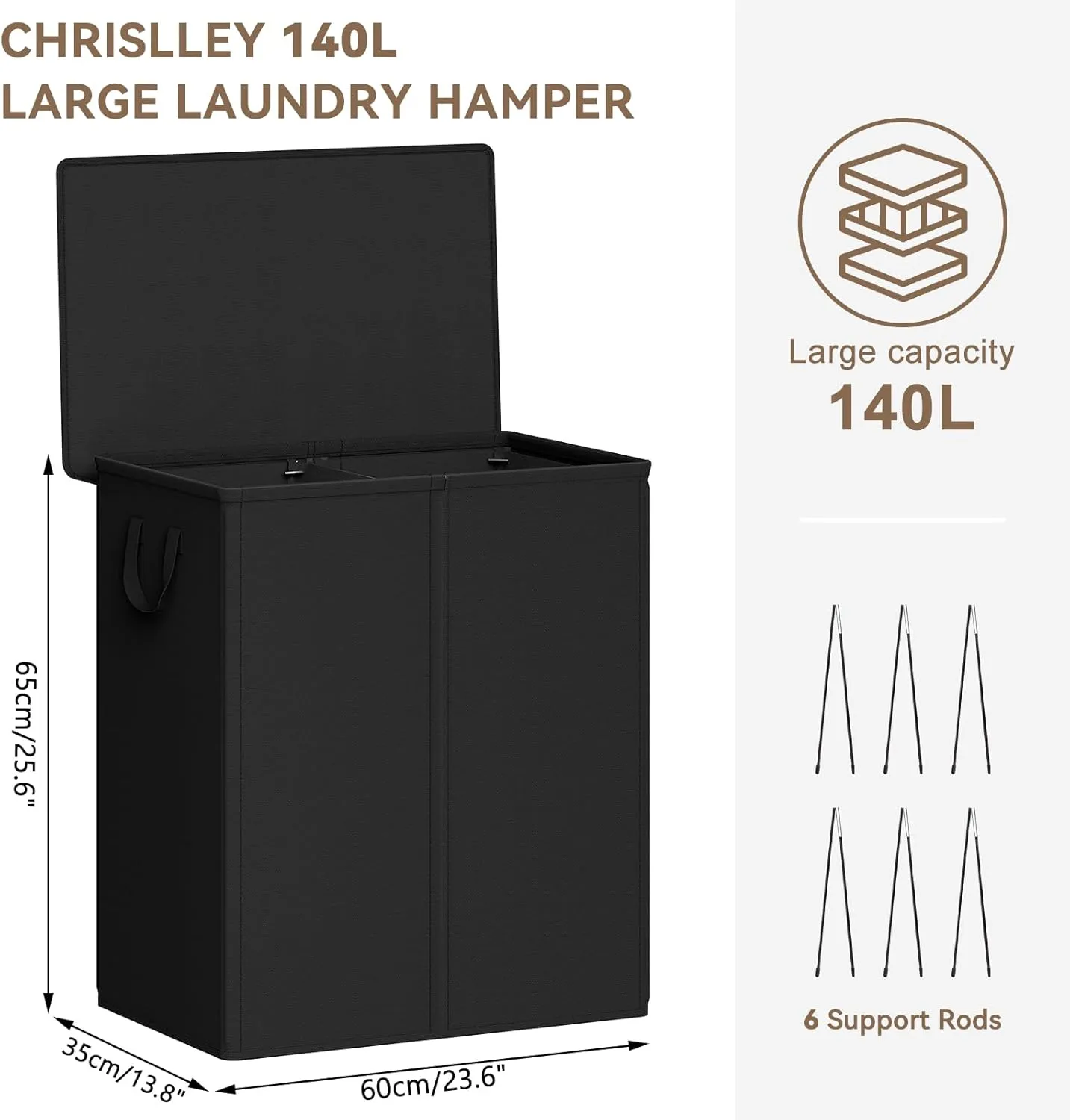 Chrislley 140L Laundry Hamper 2 Section, Double Laundry Basket with Lid, Large Dirty Clothes Hamper with Removable Liner Bags, Collapsible Laundry Organizer for Bedroom, Dorm,Black