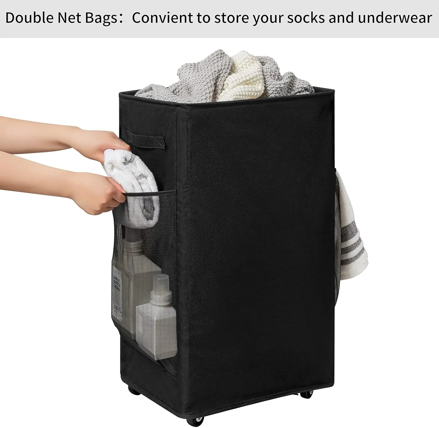 Chrislley 90L Rolling Laundry Basket Large Laundry Hamper with Wheels Collapsible Clothes Hamper Rolling Tall Laundry Storage Cart Foldable Clothes Organizer (Black)