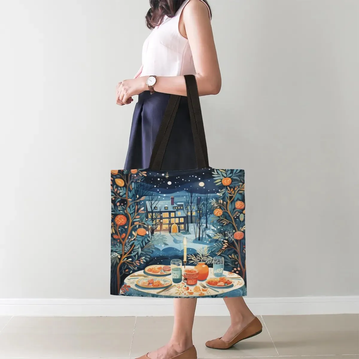 Christmas Candlelight Dinner Canvas Tote Bag for Women Men Stylish Tote Handbag Shoulder Bag Reusable Grocery Bag