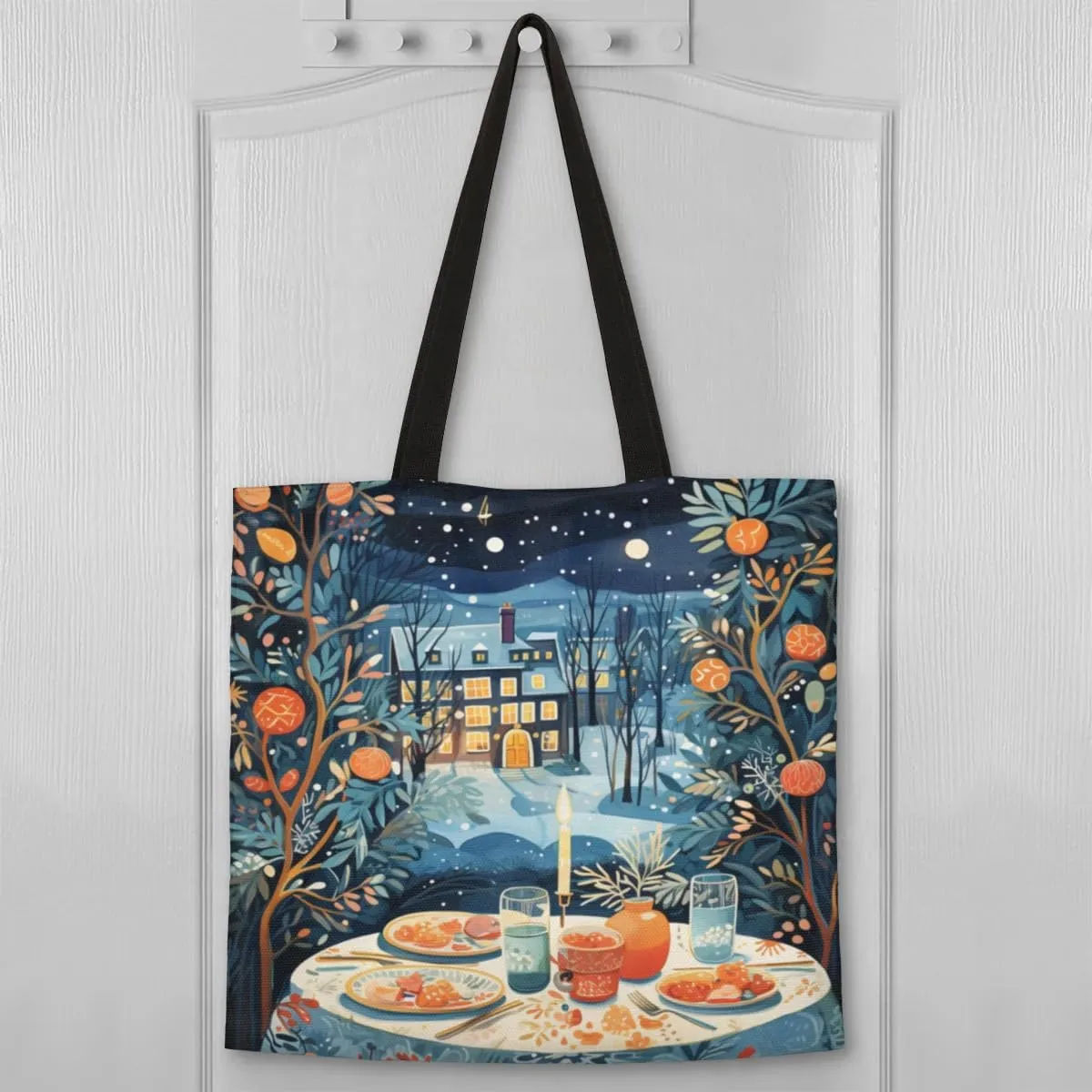 Christmas Candlelight Dinner Canvas Tote Bag for Women Men Stylish Tote Handbag Shoulder Bag Reusable Grocery Bag