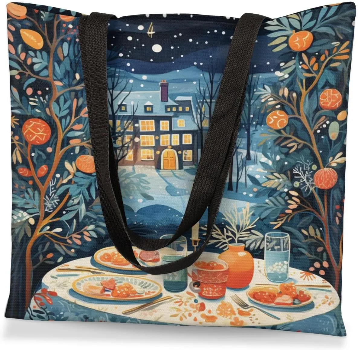 Christmas Candlelight Dinner Canvas Tote Bag for Women Men Stylish Tote Handbag Shoulder Bag Reusable Grocery Bag