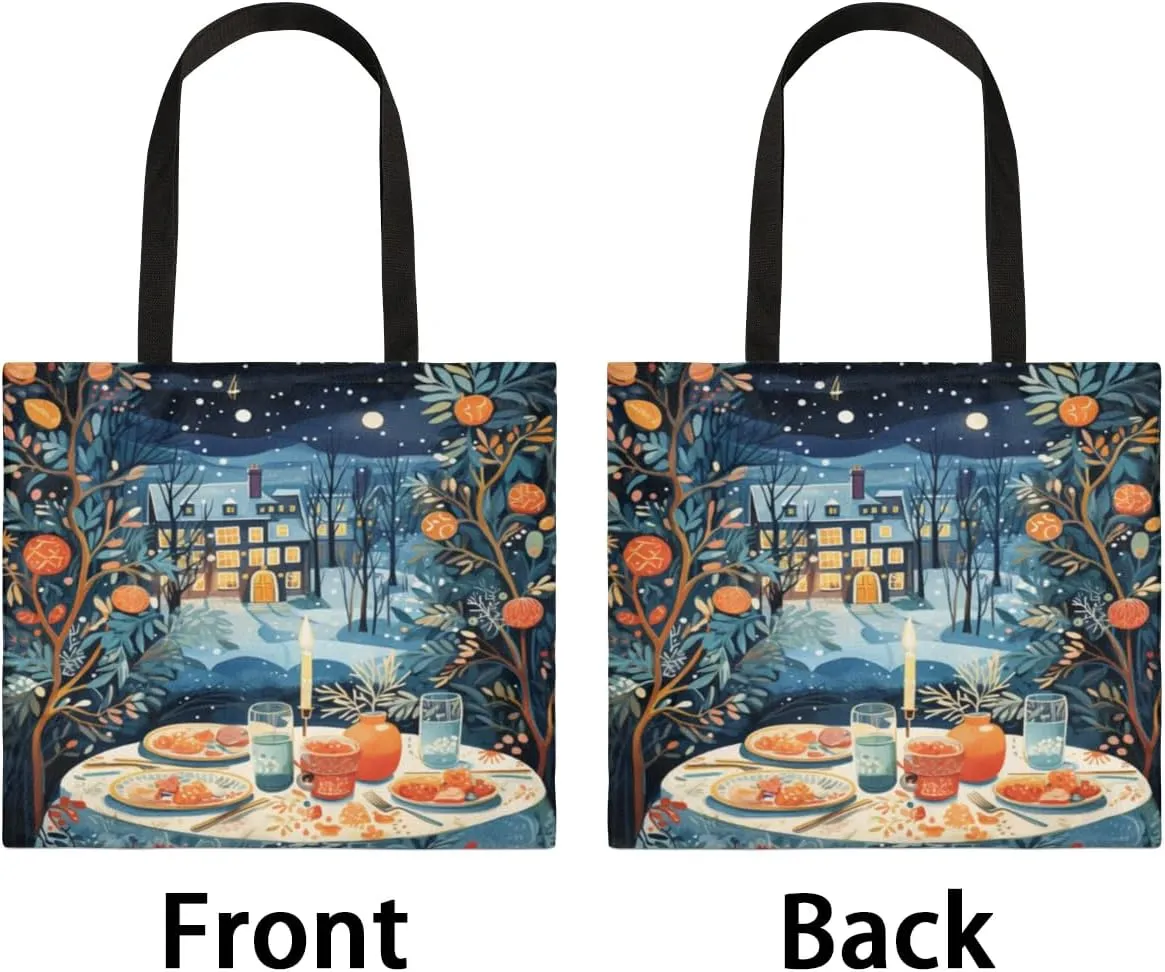 Christmas Candlelight Dinner Canvas Tote Bag for Women Men Stylish Tote Handbag Shoulder Bag Reusable Grocery Bag