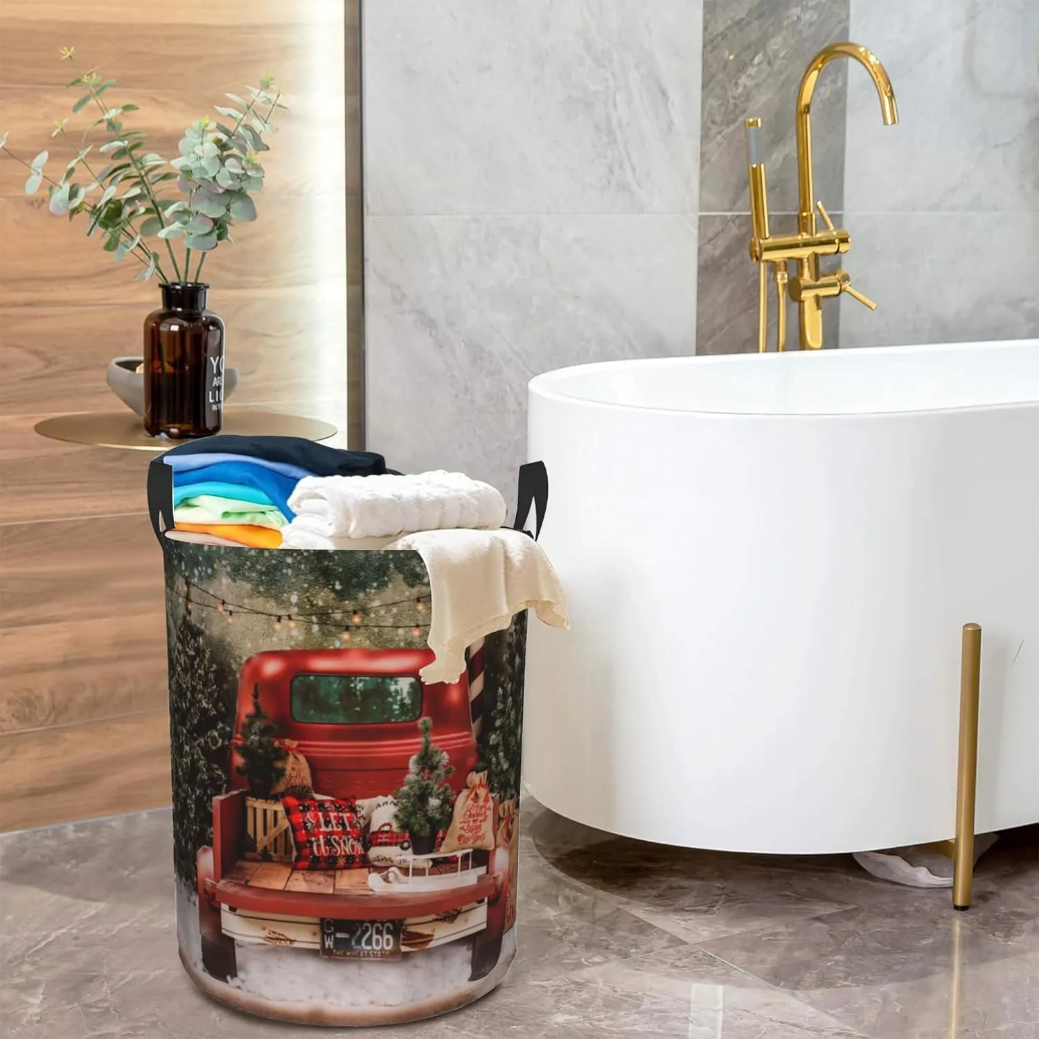 Christmas Red Truck Laundry Basket,snowflakes Forest Foldable Laundry Hamper Waterproof Oxford Cloth Tote Bag,Clothes Storage Bucket Decorative Toy Organizer For Bathroom Bedroom 16" x 20"