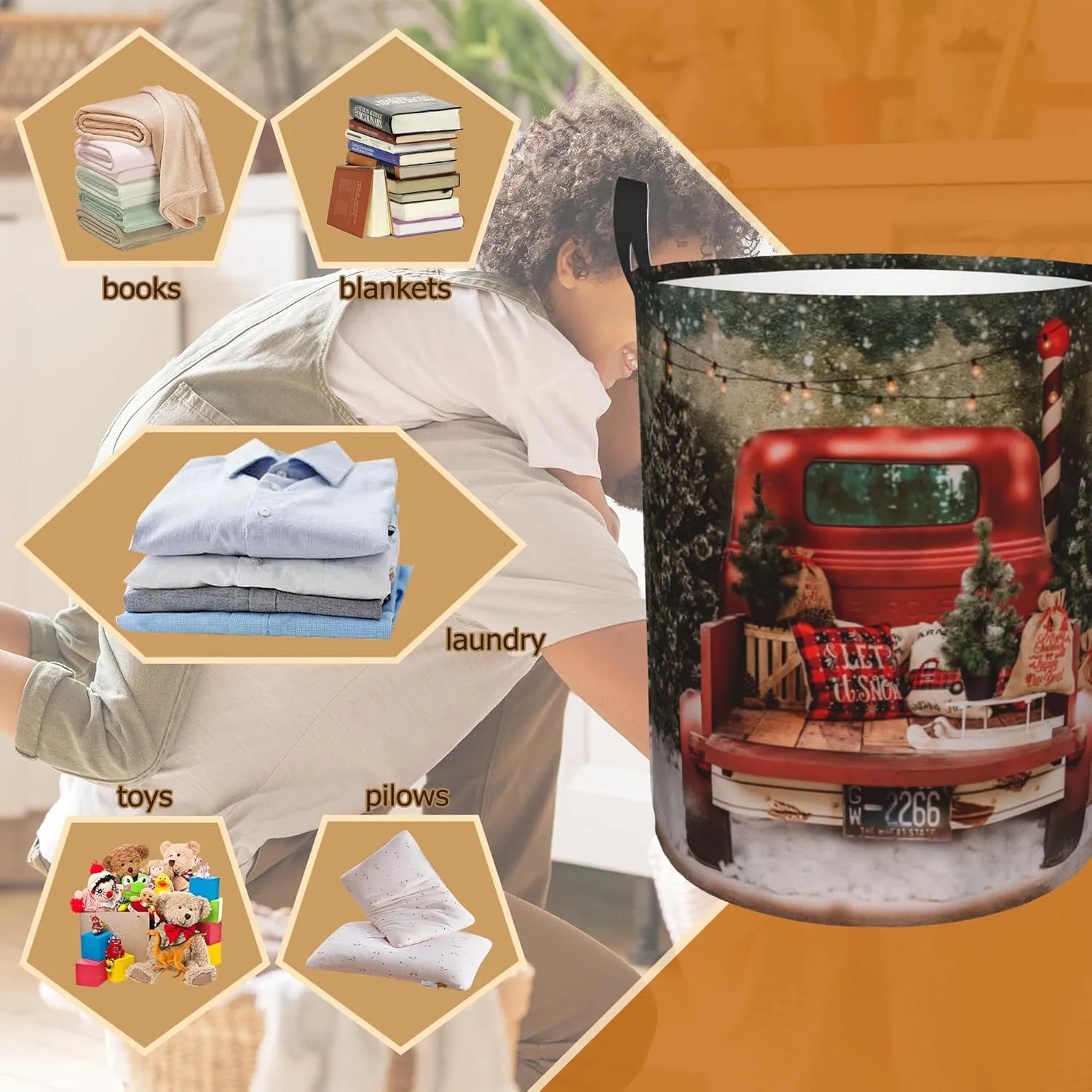 Christmas Red Truck Laundry Basket,snowflakes Forest Foldable Laundry Hamper Waterproof Oxford Cloth Tote Bag,Clothes Storage Bucket Decorative Toy Organizer For Bathroom Bedroom 16" x 20"